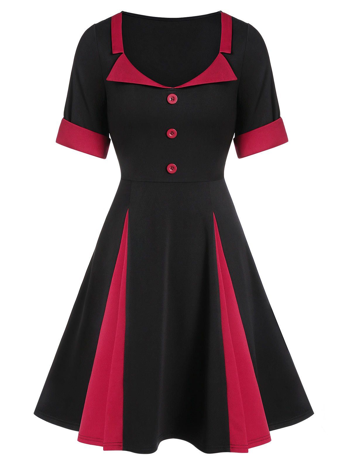 

Contrast High Waist Fit And Flare Dress, Black