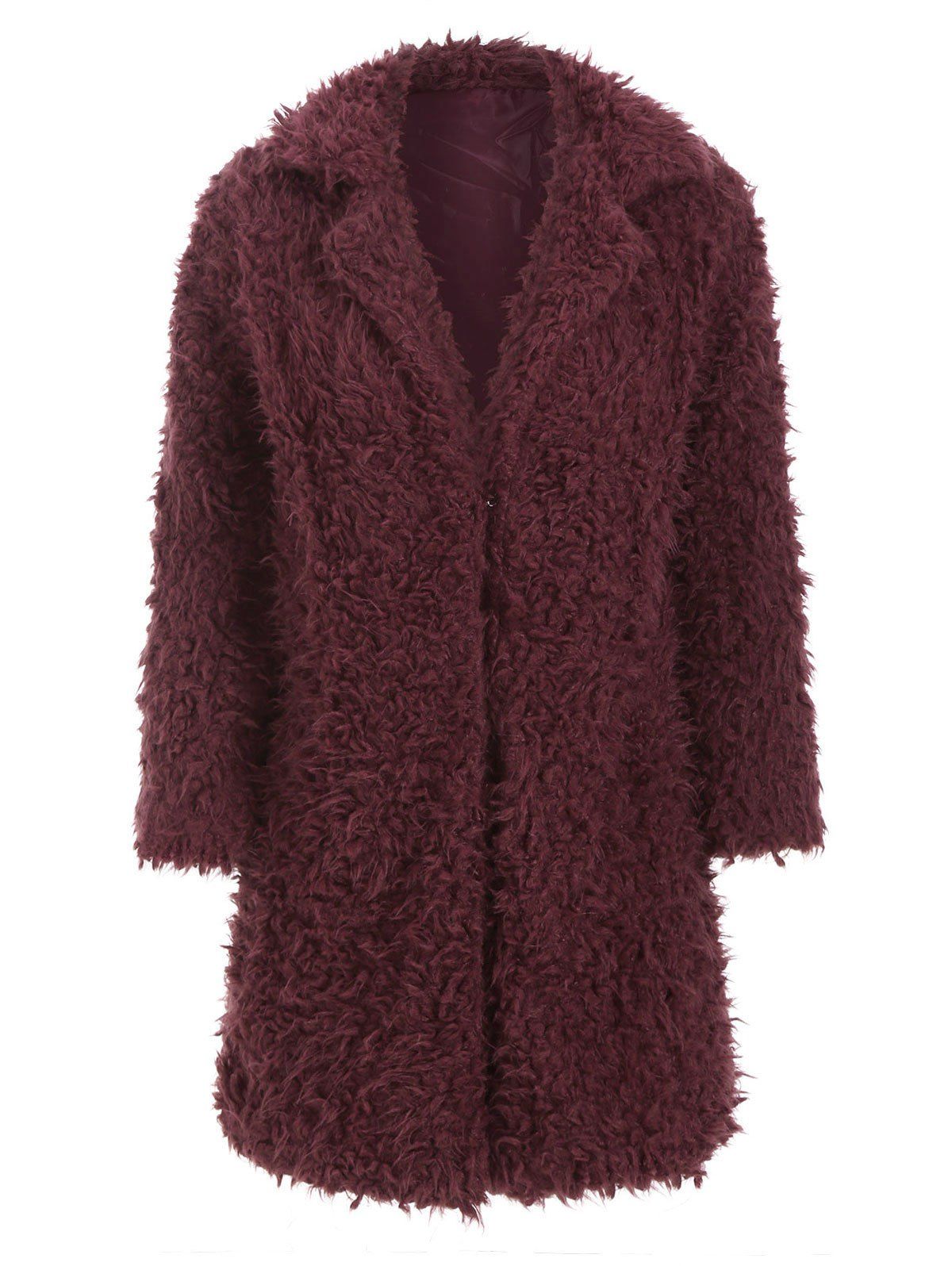 

Hook-and-eye Fuzzy Faux Shearling Coat, Red wine