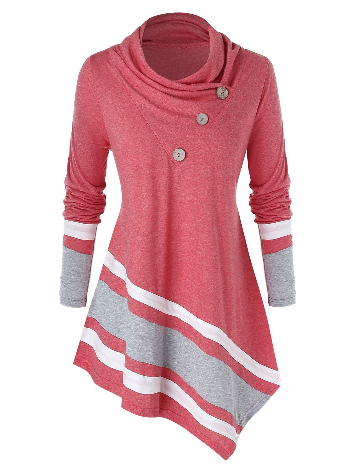

Plus Size Cowl Neck Contrast Trim Asymmetric T-shirt, Chestnut red