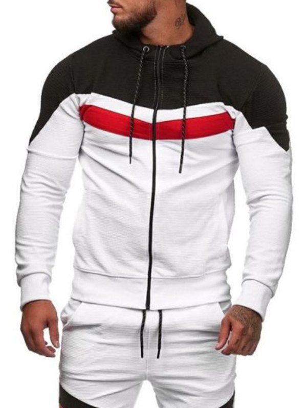 

Colorblock Splicing Sport Drawstring Zip Up Hoodie, White