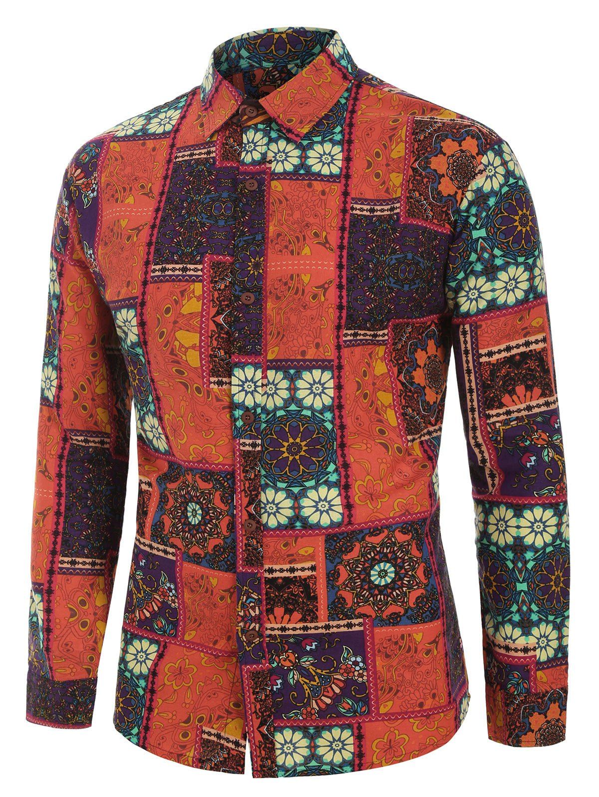 

Floral Geometric Splicing Print Long Sleeve Button Shirt, Red