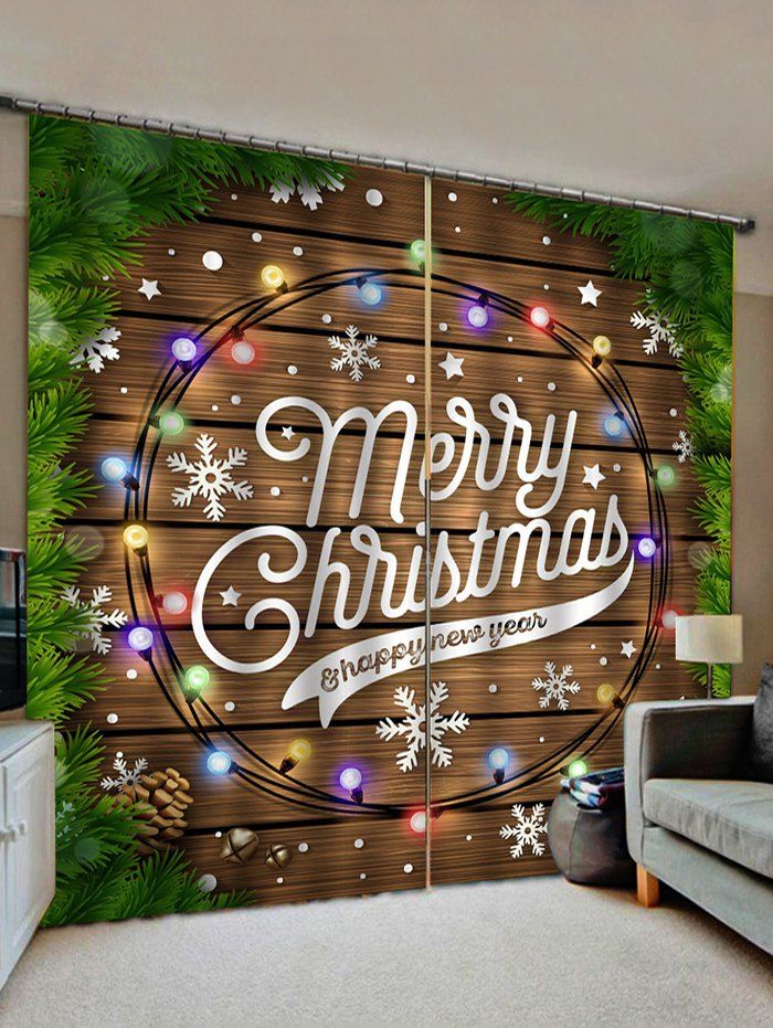 

2 Panels Christmas String Light Snowflake Print Window Curtains, Multi