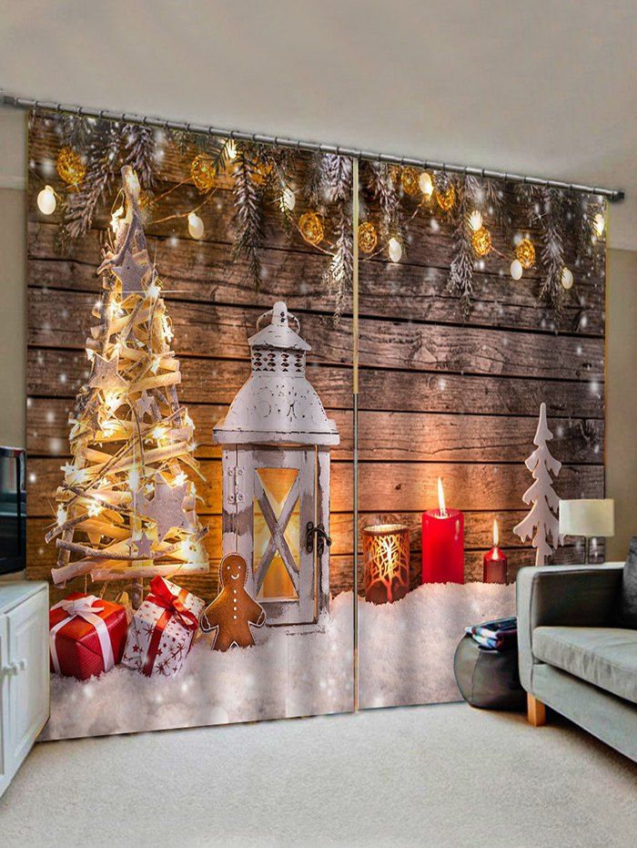 

2 Panels Christmas Tree Wooden Board Print Window Curtains, Multi