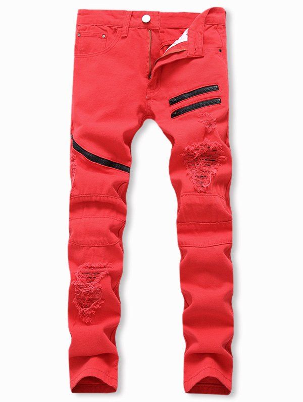 Destroyed Decoration Zipper Casual Jeans, Red