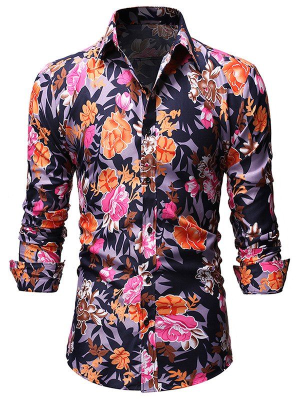 

Floral Leaf Print Button Up Vintage Shirt, Multi