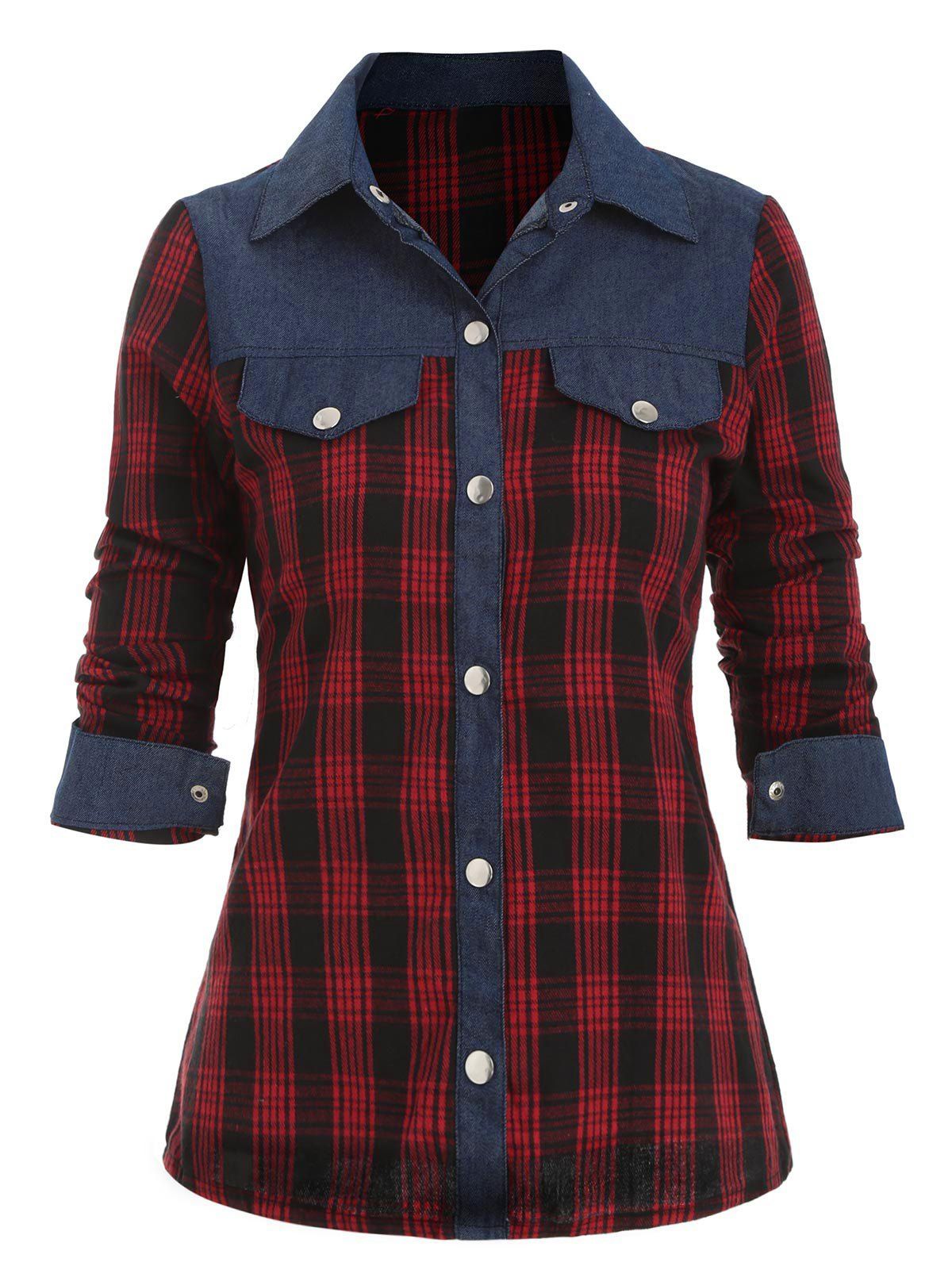 

Button Down Contrast Plaid Faux Pockets Shirt, Multi