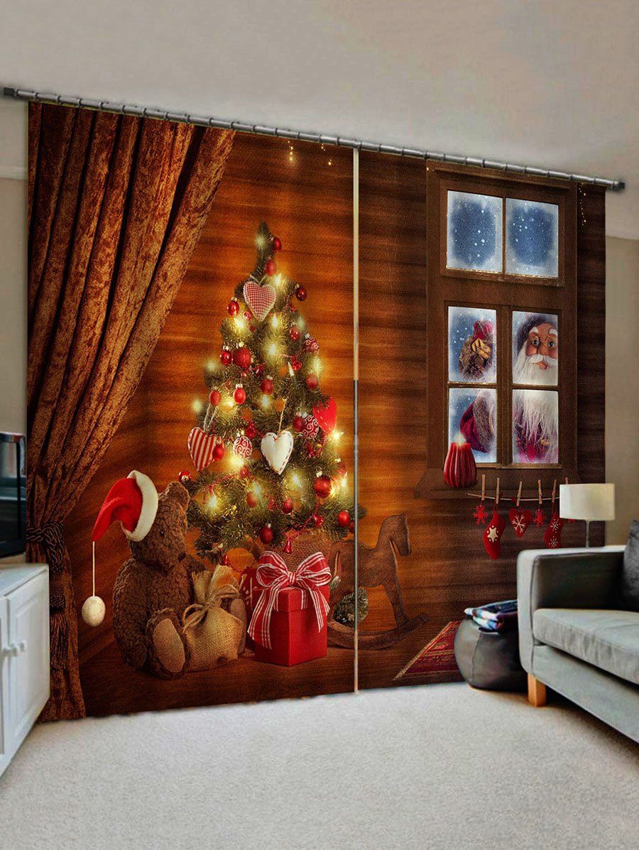 Rideau de Fenêtre Motif de Père Noël et de Sapin Multi W28 x L39 inch x 2pcs