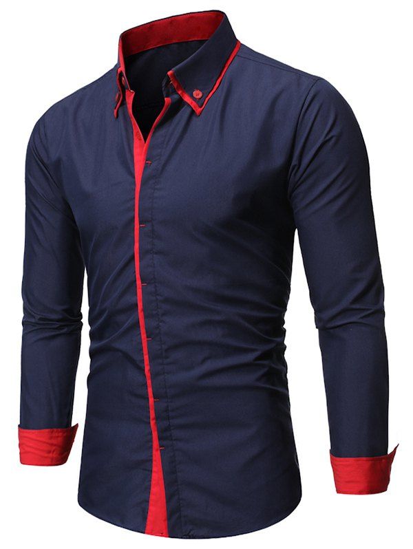 

Contrast Trim Casual Button Up Shirt, Cadetblue