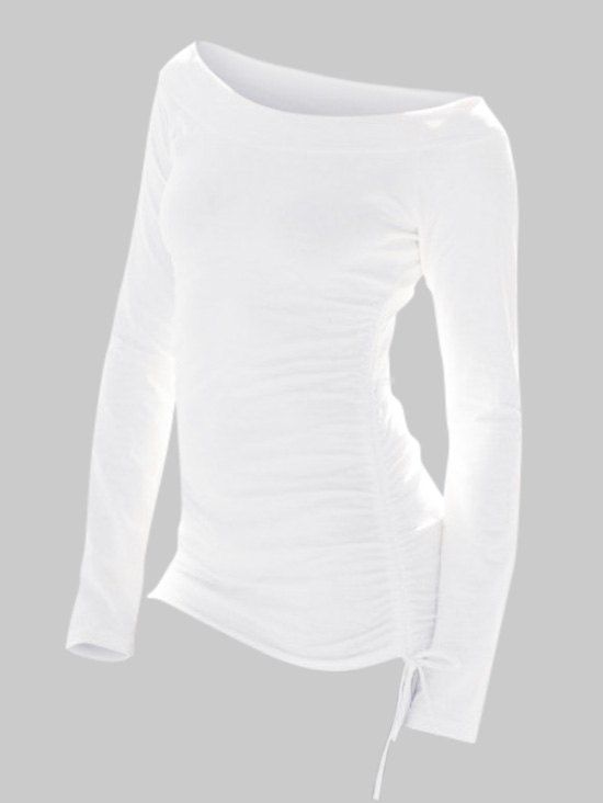 

Plus Size Ruched Boat Collar Solid T Shirt, Milk white