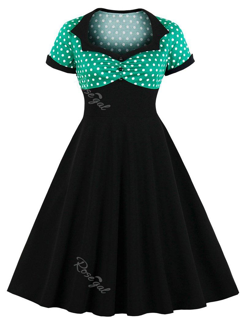 

Plus Size Polka Dot Cuffed Vintage Dress, Multi-b