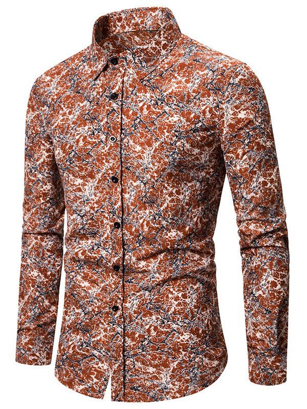 

Abstract Print Long Sleeve Button Slim Fit Shirt, Orange