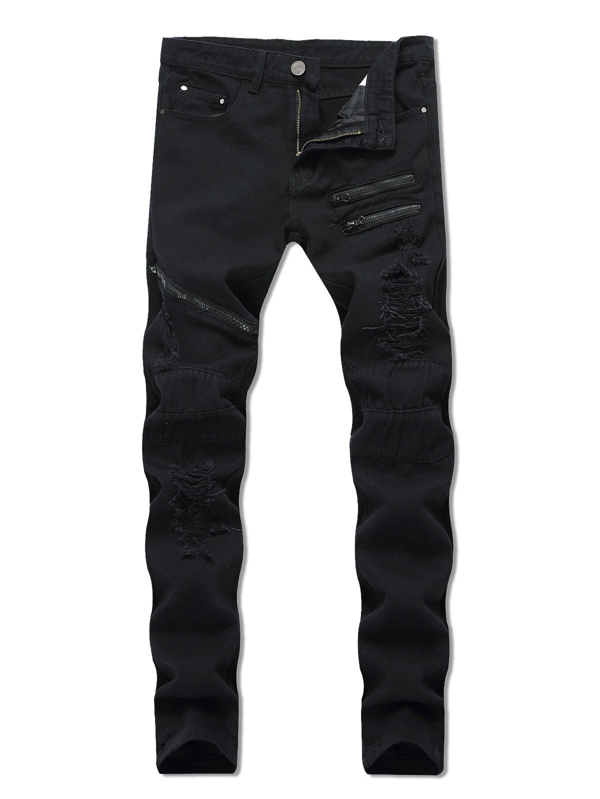 

Destroyed Decoration Zipper Casual Jeans, Black