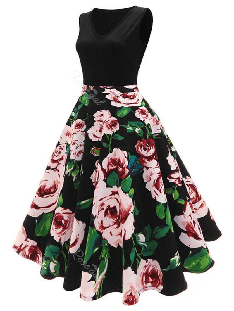 

Plus Size Vintage Floral Print Pin Up Dress, Black