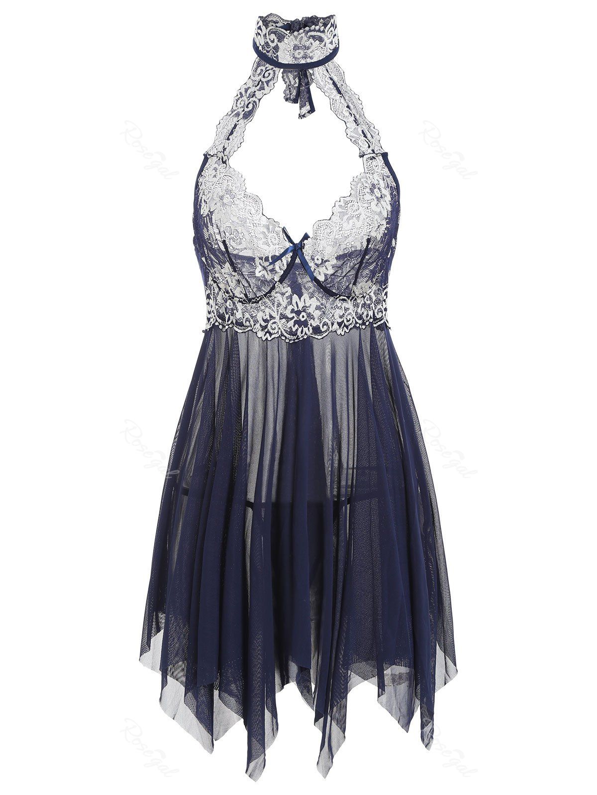 

Plus Size Flower Lace Halter Slit Babydoll, Cadetblue