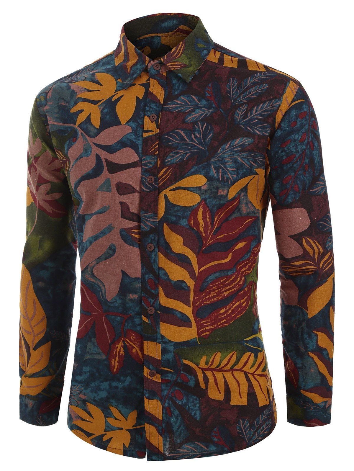 

Plant Leaf Painting Print Long Sleeve Button Shirt, Multi