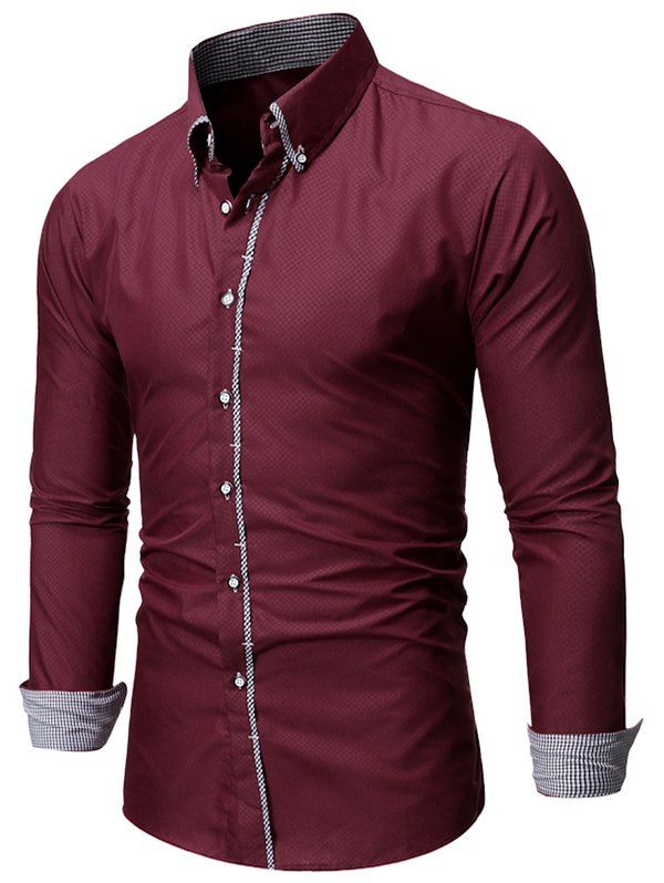 

Checked Trim Button Up Long Sleeve Shirt, Red