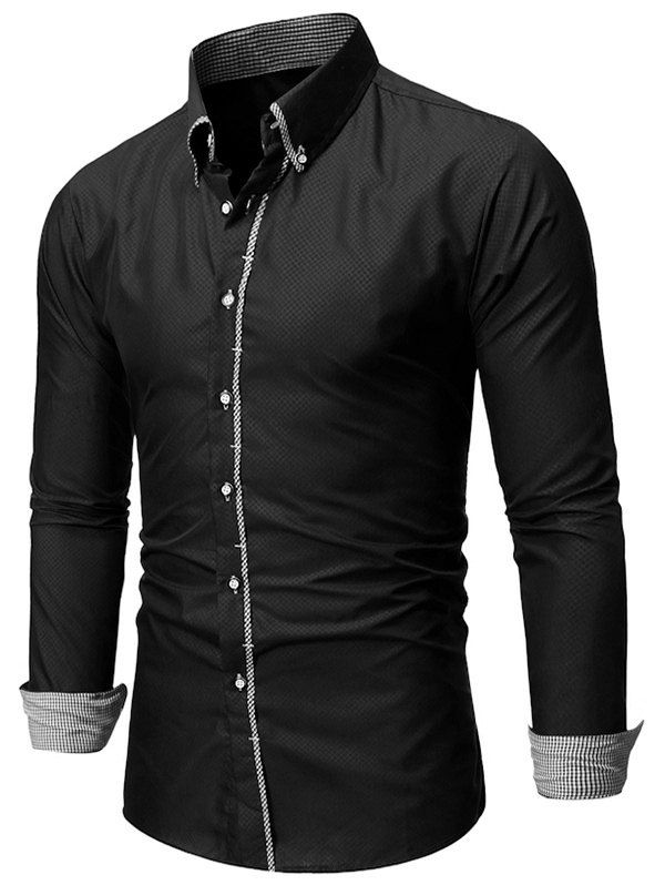 

Checked Trim Button Up Long Sleeve Shirt, Black