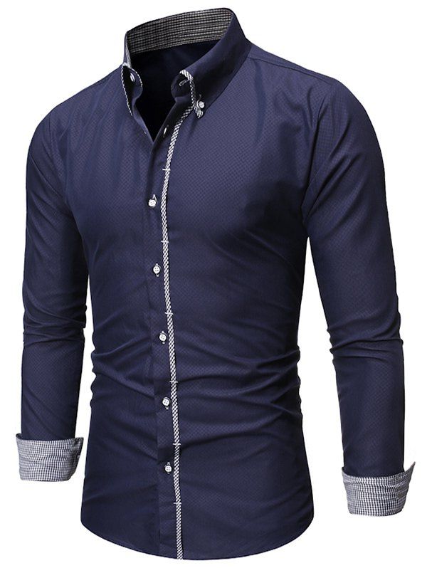 

Checked Trim Button Up Long Sleeve Shirt, Cadetblue