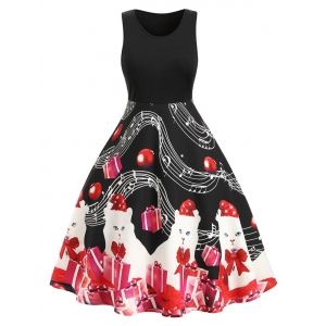 

Plus Size Musical Note Cat Gift Print Fit and Flare Dress, Black