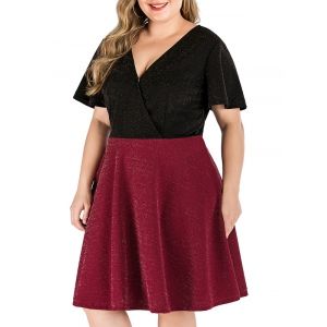 

Plus Size Metallic Thread Plunging Colorblock Dress, Red wine