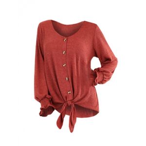 

Plus Size V Neck Solid Button Sweater, Bright orange