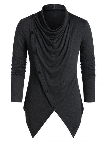 

Asymmetric Mock Button Long Sleeve Draped T-shirt, Dark gray