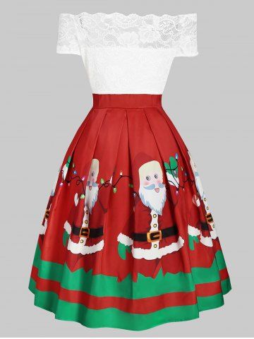 

Christmas Santa Claus Floral Lace Off Shoulder Dress, Red