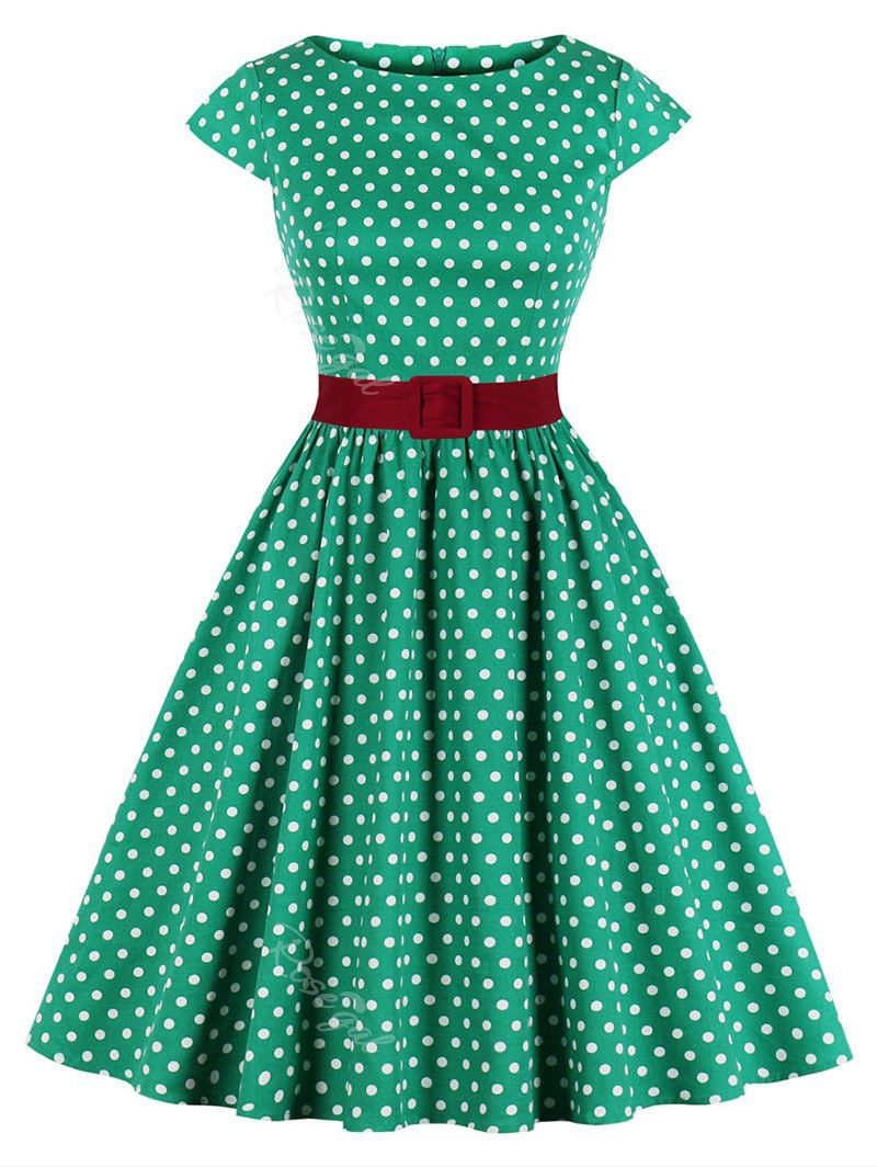 

Plus Size Polka Dot Belted Cap Sleeve Dress, Clover green