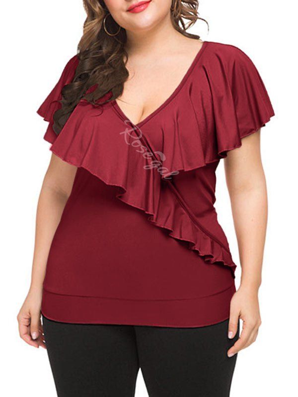 

Plus Size Plunging Neck Ruffled T Shirt, Red wine