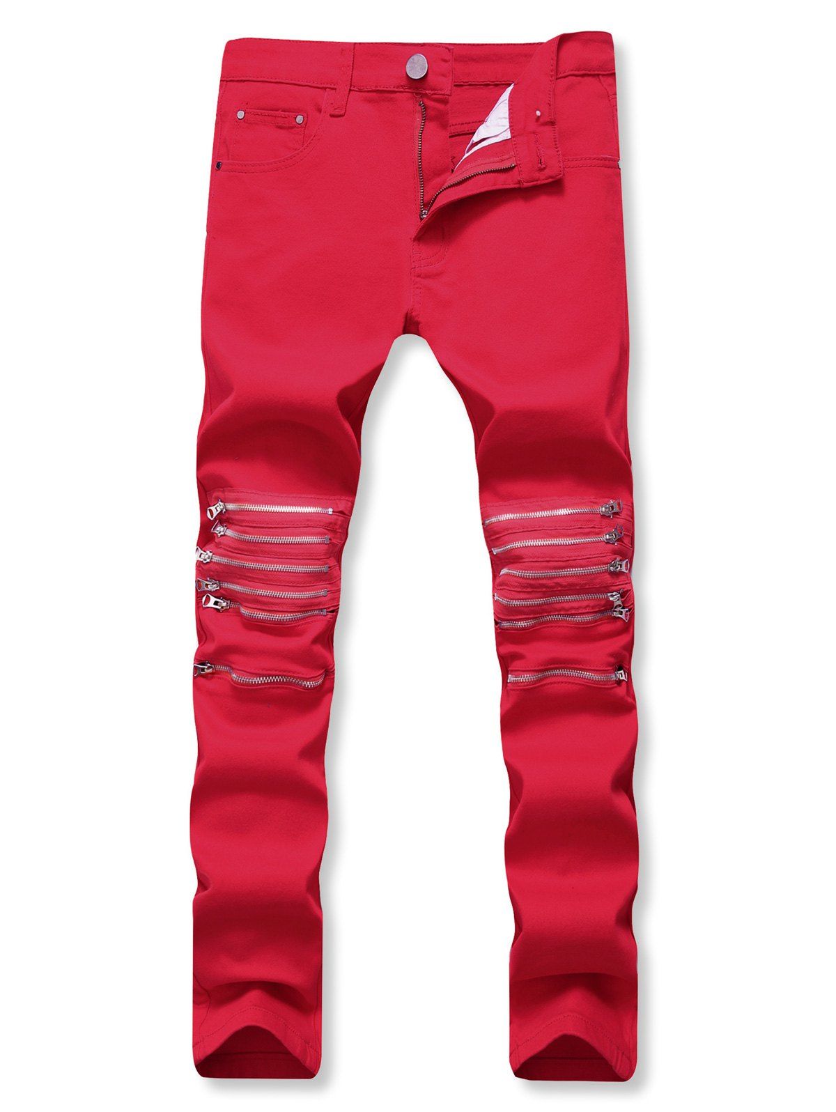 

Solid Color Zipper Decorated Casual Jeans, Red