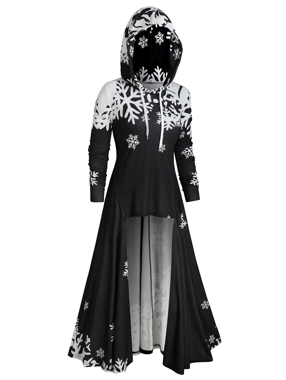 

Plus Size Christmas Snowflake Print High Low Hoodie, Black