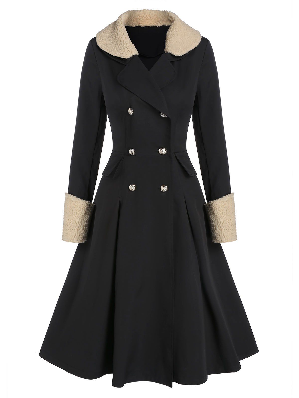 

Double Breasted Faux Shearling Collar A Line Long Coat, Black