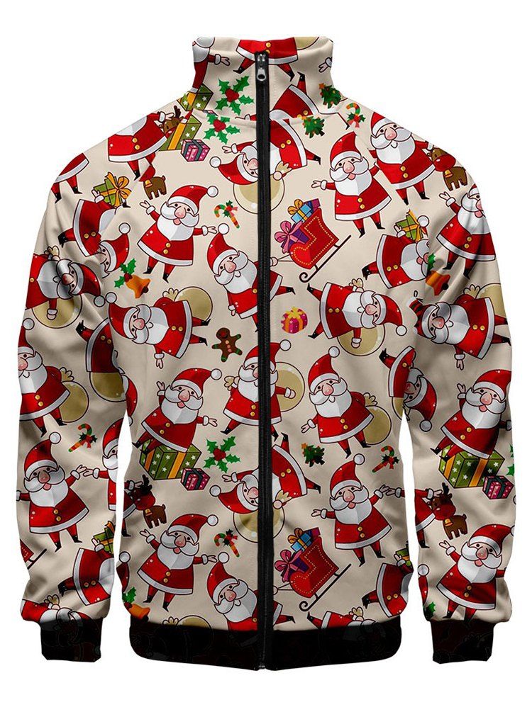 

Plus Size Christmas Santa Claus Print Kangaroo Pocket Zip Up Jacket, Multi