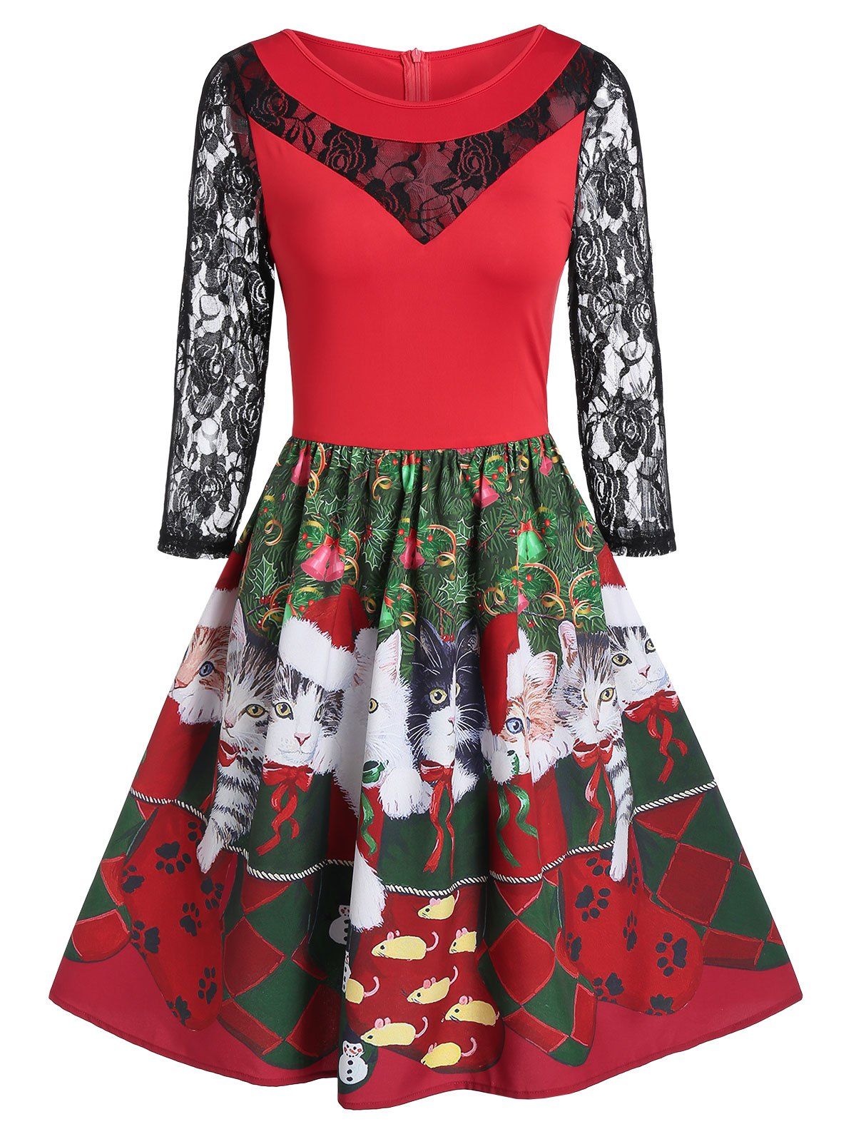 

Lace Insert Fit And Flare Animal Print Christmas Dress, Red