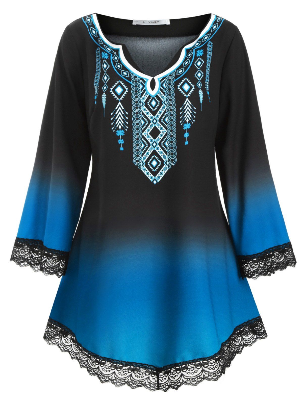

Longline Printed Scalloped Lace Panel Plus Size Blouse, Blue