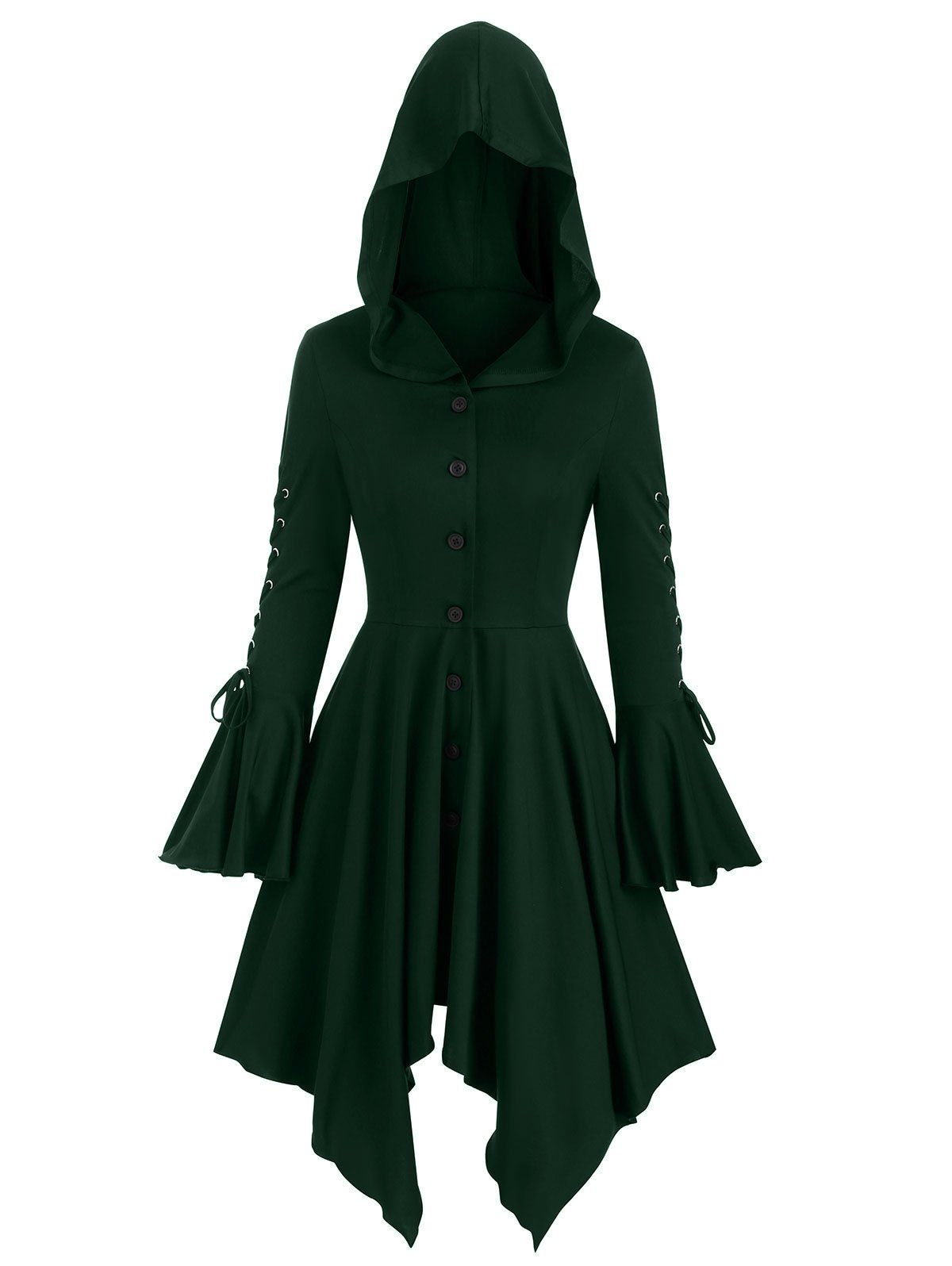 

Lace-up Poet Sleeve Hooded Hanky Hem Gothic Skirted Coat, Dark forest green