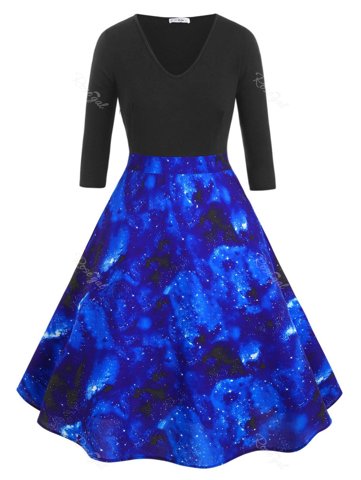 

V Neck Sparkle Contrast Galaxy Print Plus Size Dress, Blue