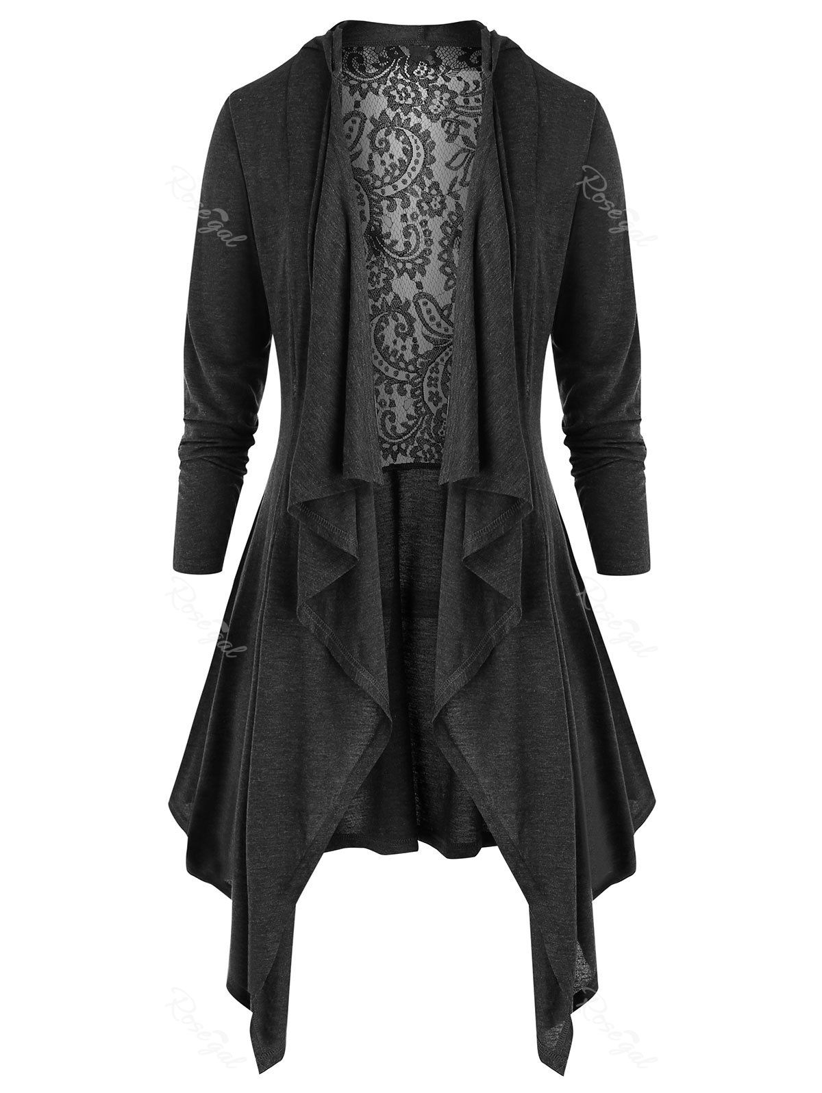 

Plus Size Open Front Lace Panel Tunic Cardigan, Battleship gray