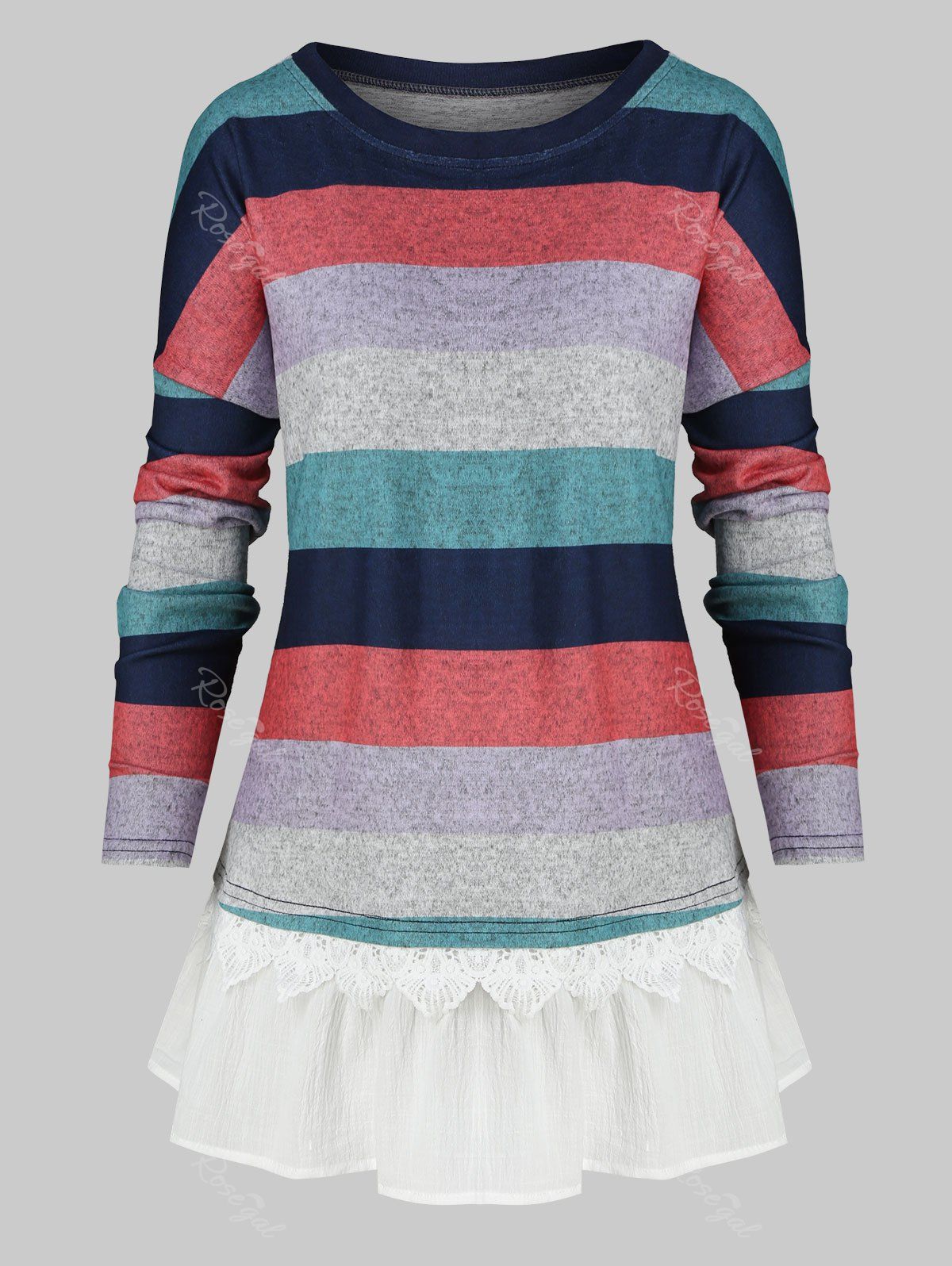 

Plus Size Color-blocking Striped Ruffled Hem T Shirt, Multi