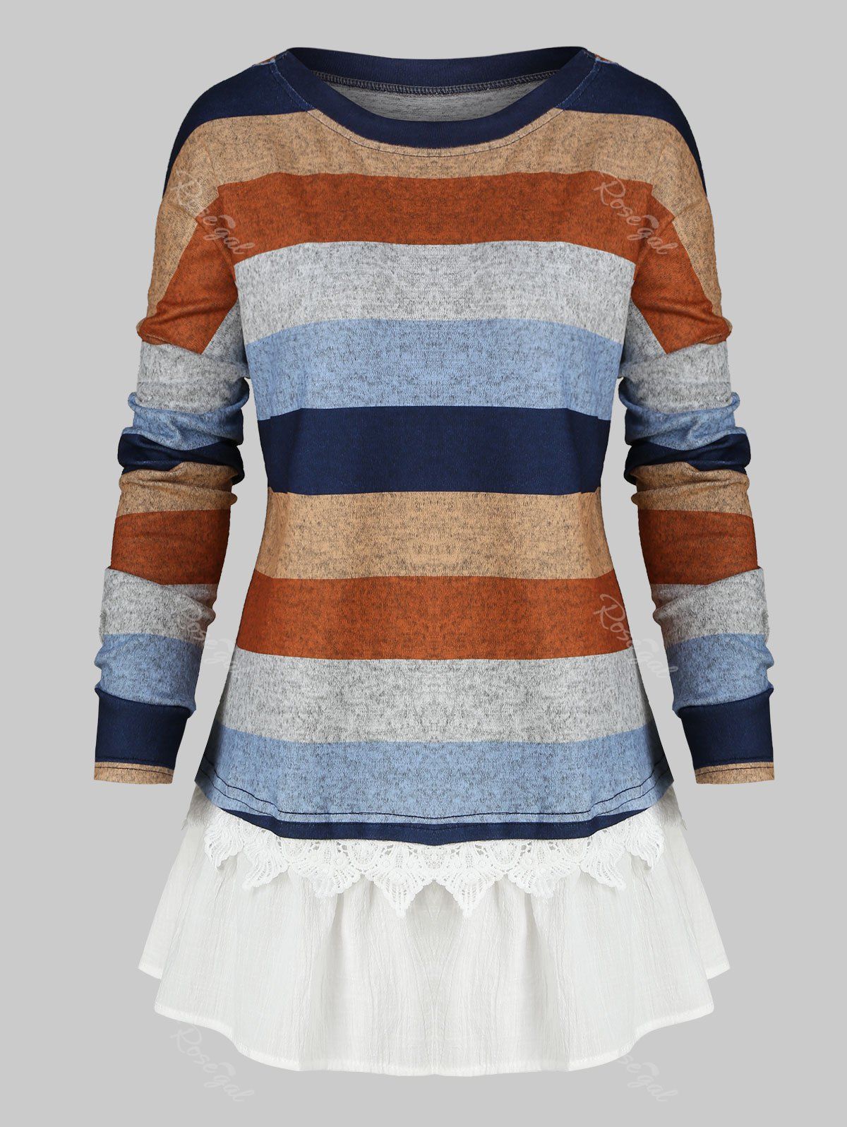 

Plus Size Color-blocking Striped Ruffled Hem T Shirt, Multi-b