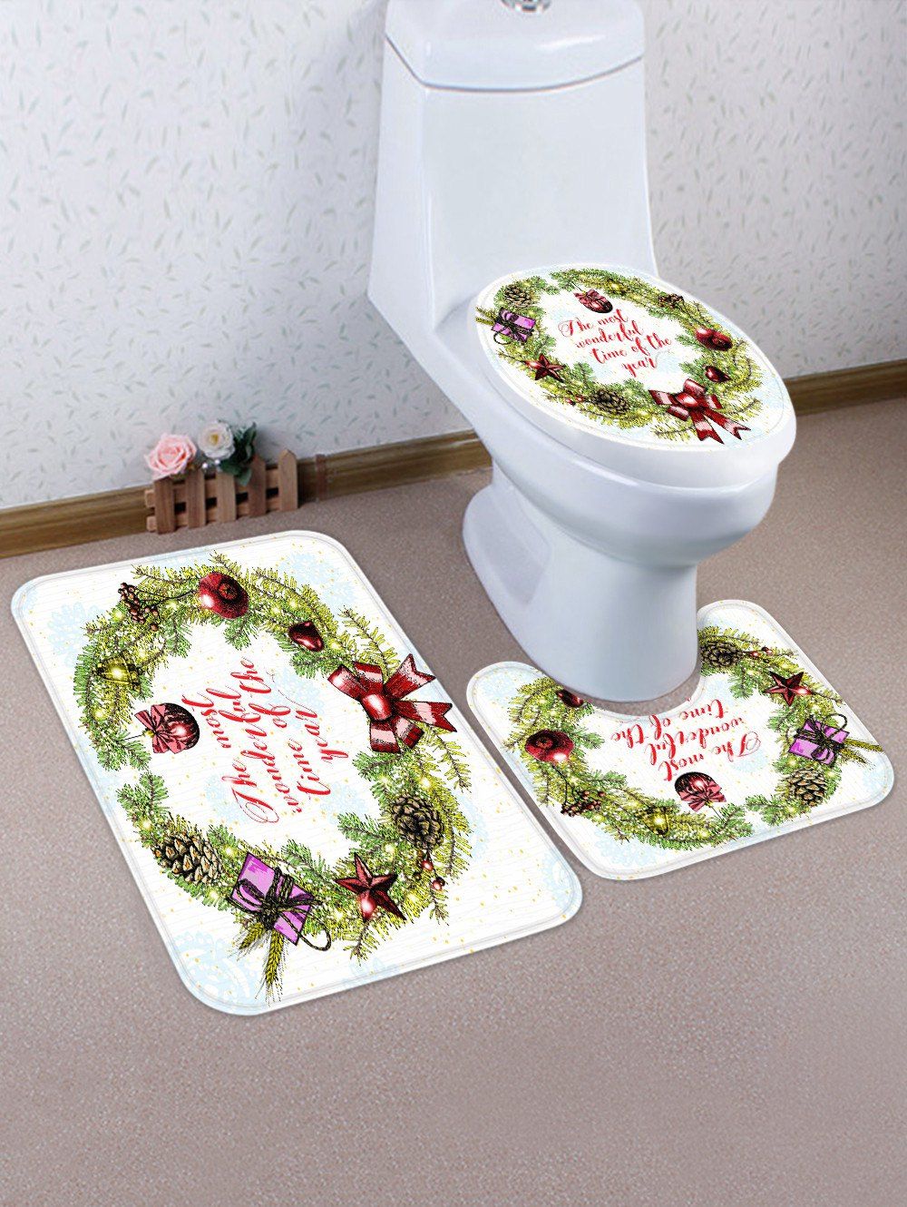 

Christmas Bowknot Wreath Pattern 3 Pcs Toilet Mat Set, Multi