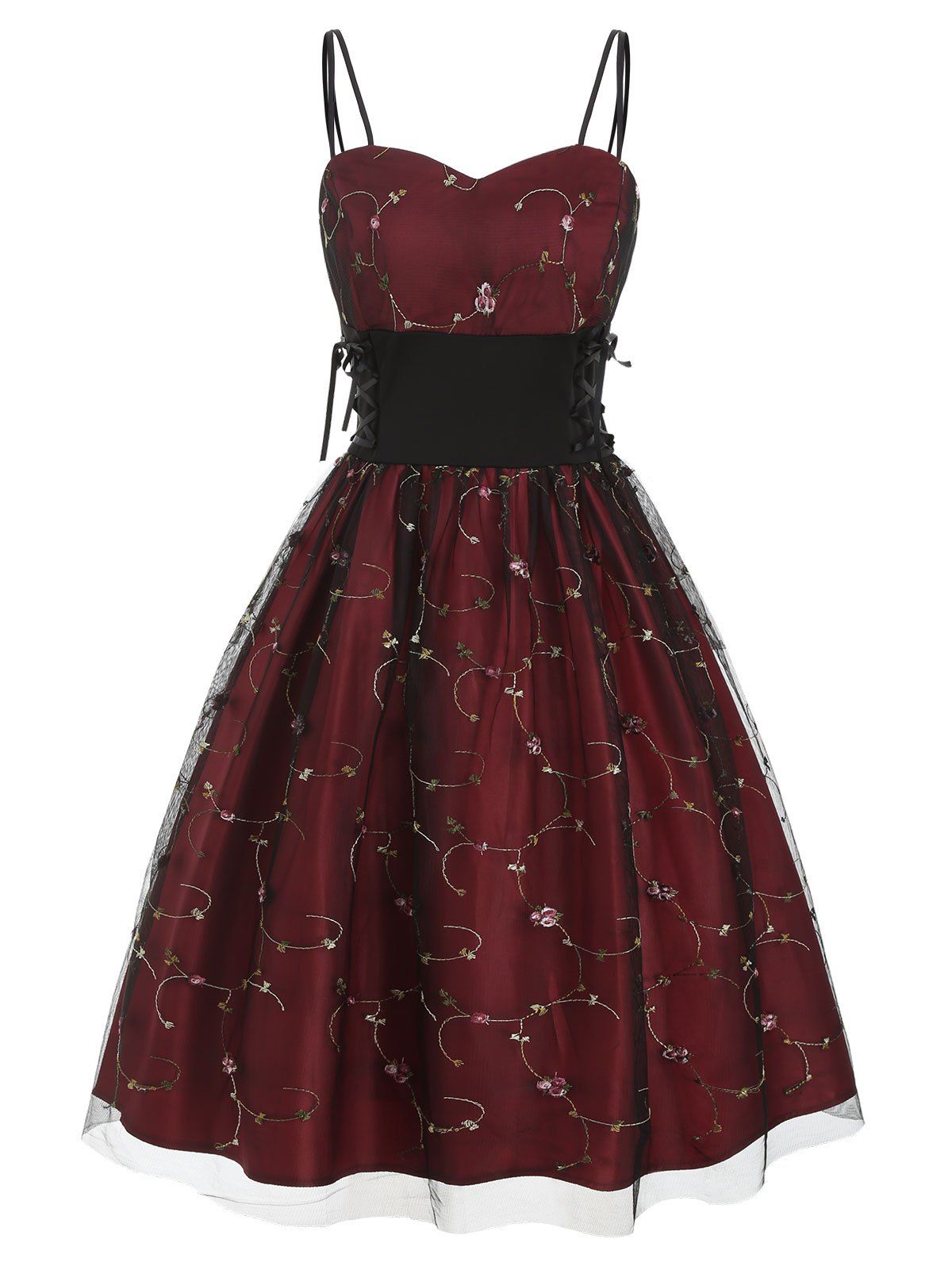

Floral Embroidered Lace Up Prom Dress, Red wine