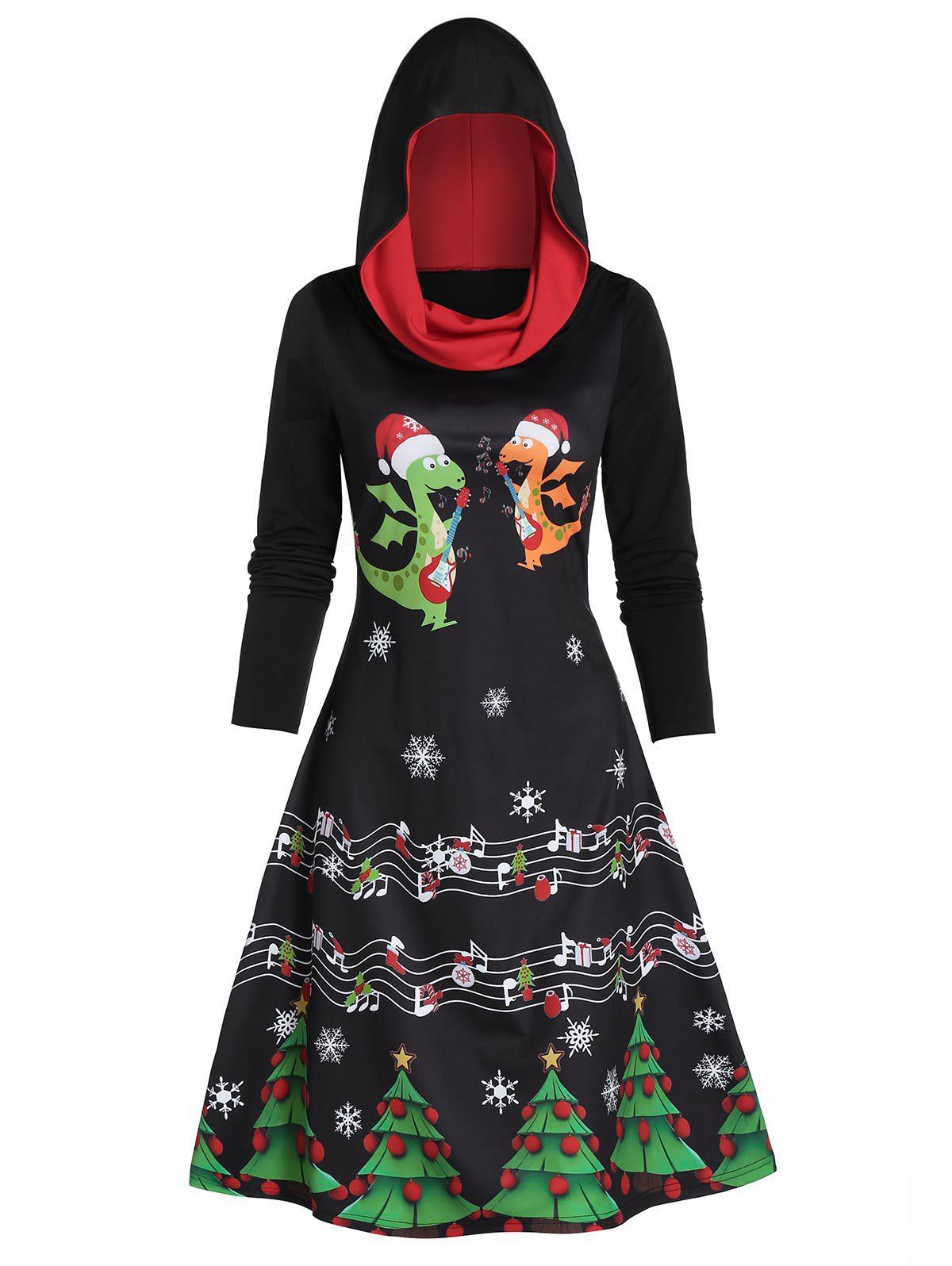 

Hooded Christmas Tree Print Longline Dress, Black