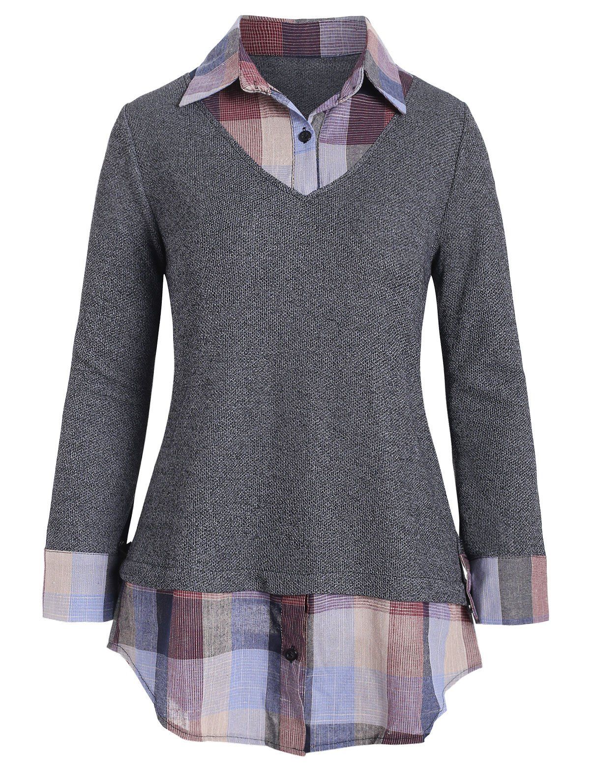 

Plaid Panel Mixed Media Button Placket Knitwear, Gray