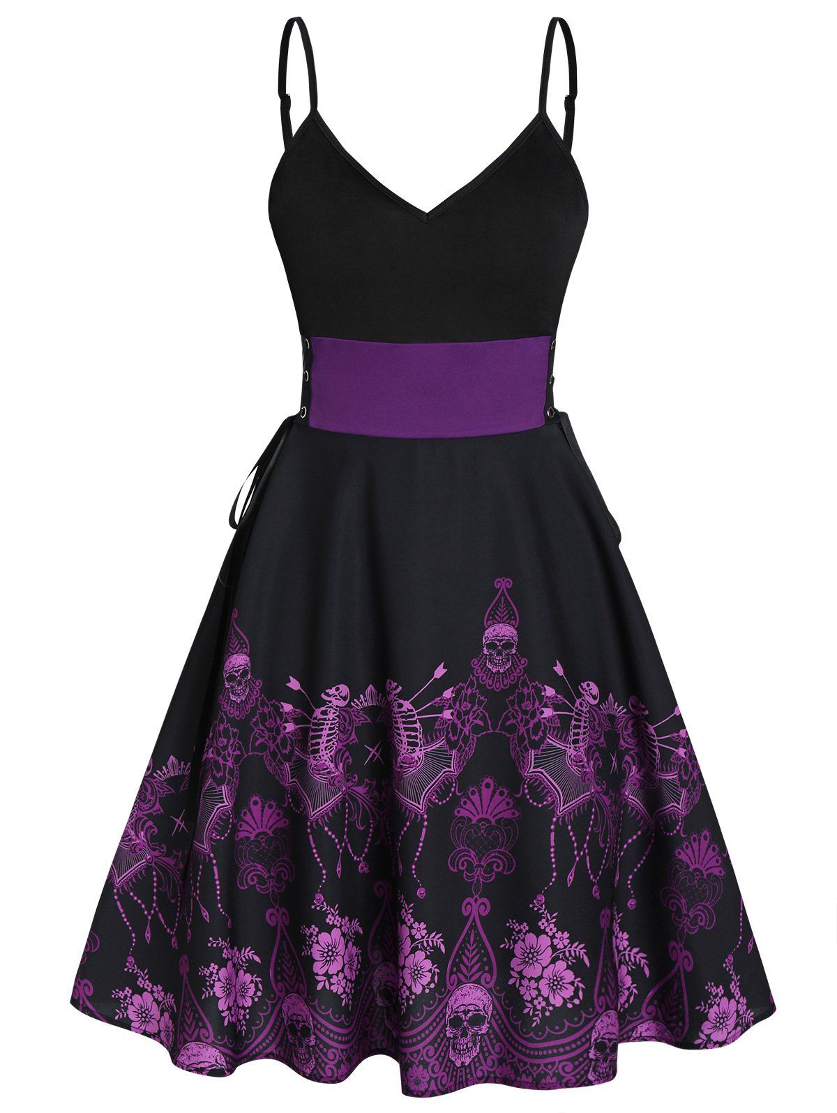 

Skeleton Print Fit and Flare Lace Up Slip Dress, Black