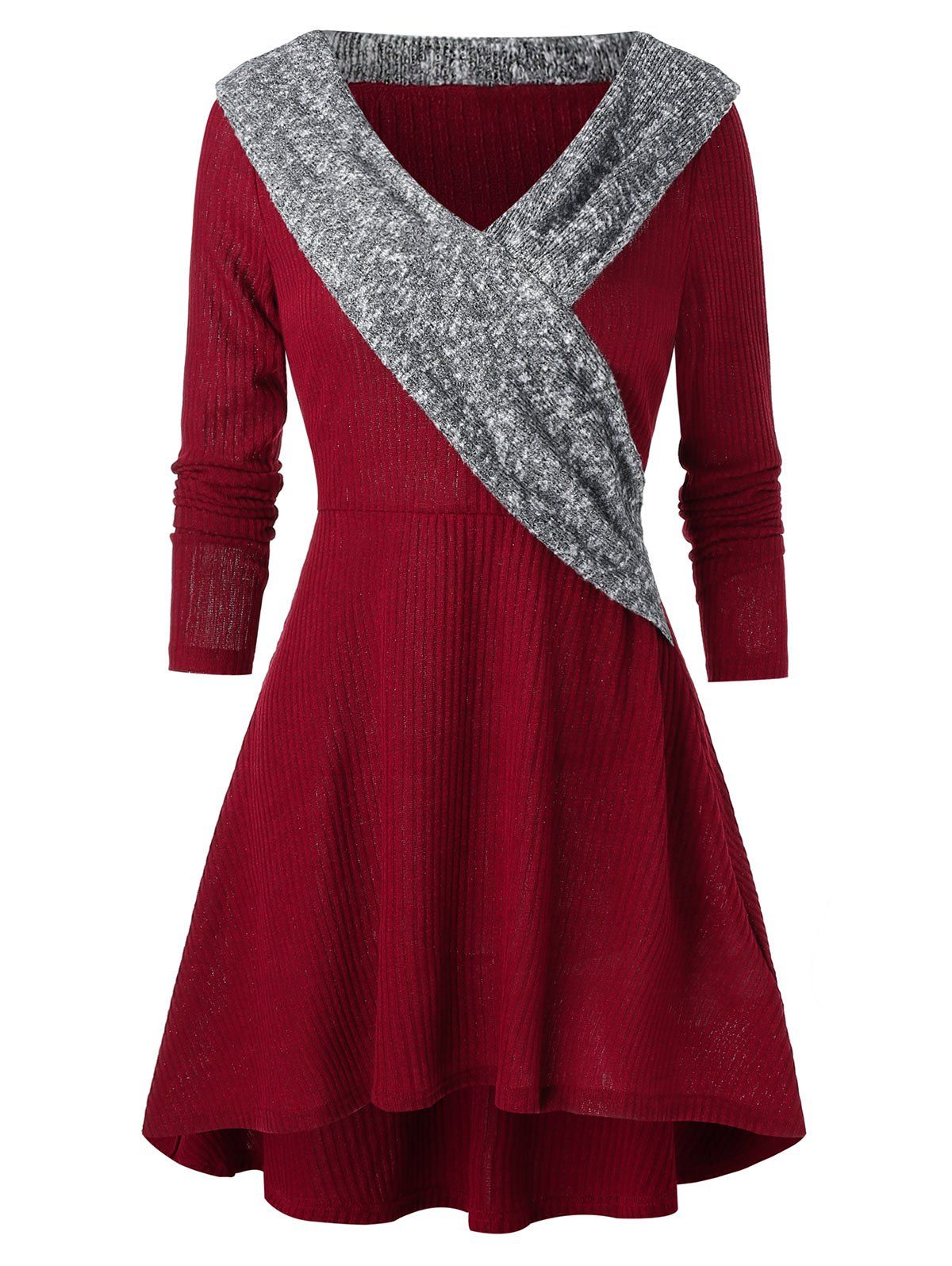 

A Line Knitted V Collar Casual Dress, Red wine
