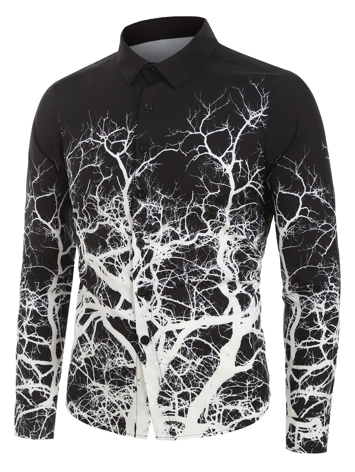 

Tree Root Print Long Sleeve Button Up Shirt, Black