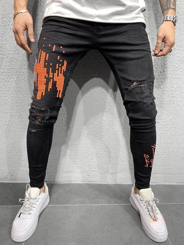 

Geometric Printed Ripped Decoration Jeans, Orange