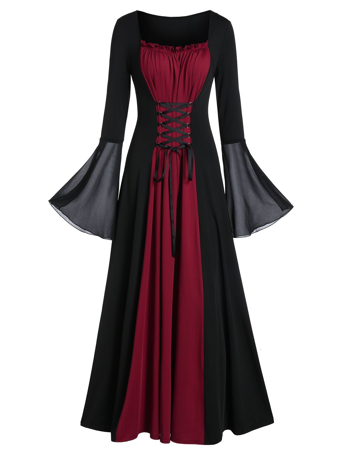 

Poet Sleeve Lace-up Front Ruffle Contrast Maxi Dress, Black