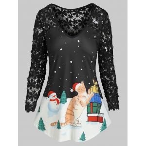

Flower Crochet Christmas Funny Snowman Print Long Sleeve Tee, Black